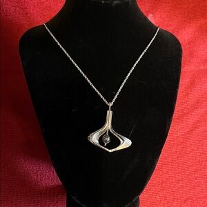 Sarah Coventry Silver-Tone Retro Open Pendant Necklace with Dark Accent